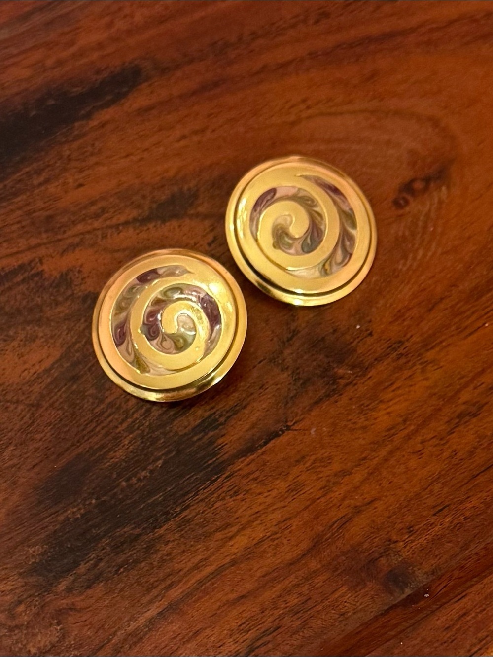 Vintage Oversized Gold Tone Swirl Enamel Statement Earrings 1.5”